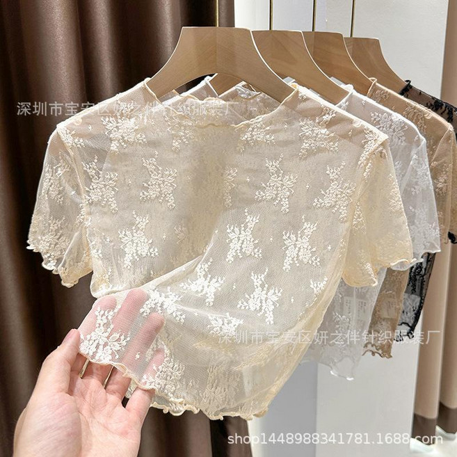 蕾絲網紗打底衫女圓領短袖木耳邊短款上衣