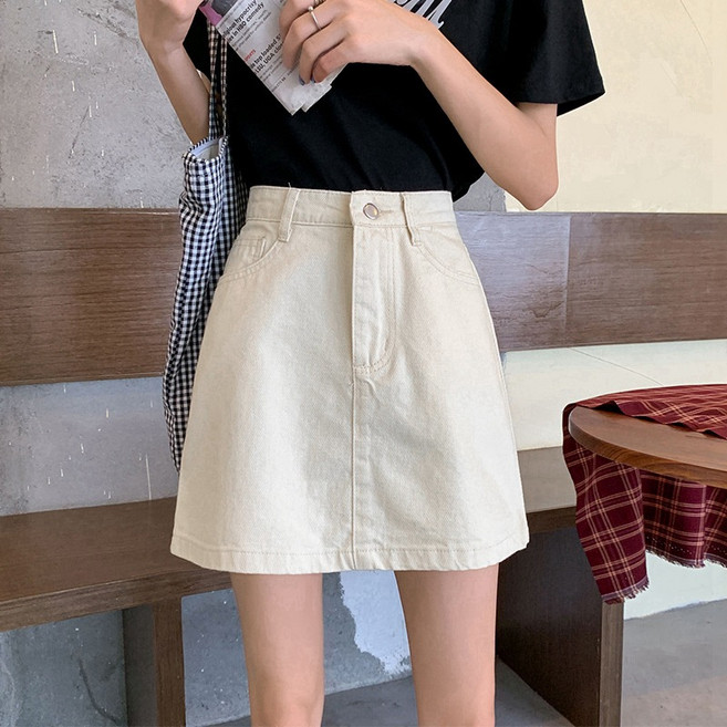 高腰牛仔半身裙 包臀短裙 顯瘦穿搭 夏季女裝 韓版修身 A字裙 小個子推薦 百搭款式 彈力布料 休閒風格+杏色+M