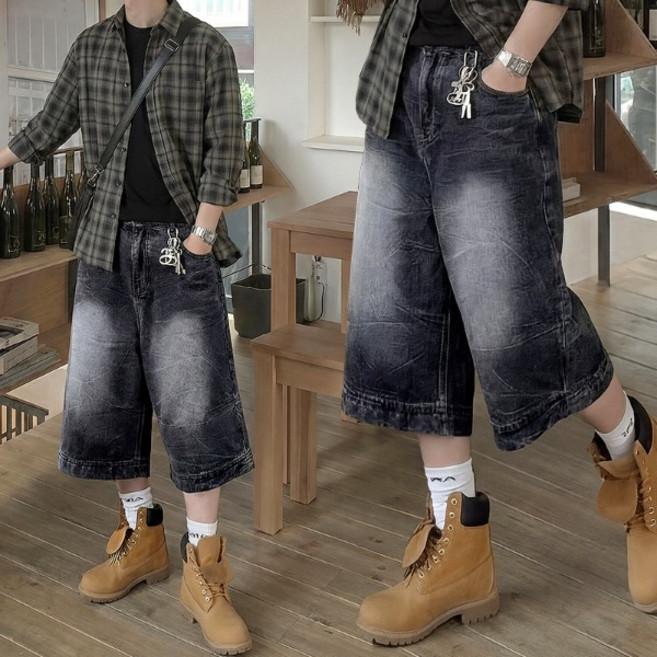 빅사이즈 L-3XL 고퀄리티 크랙 워싱 데님 버뮤다 바지 팬츠