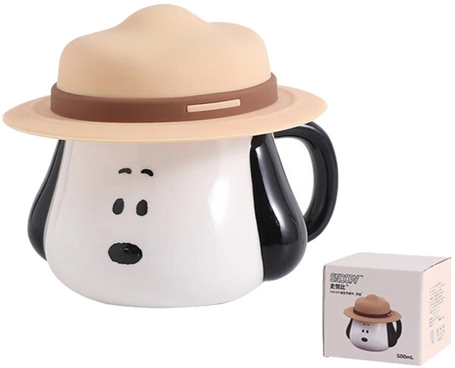 쑤시 스누피 밀짚 모자 머그컵 뚜껑 포함 500ml, 화이트, 1개