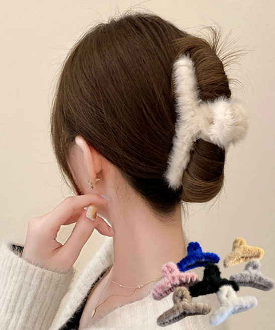 7개세트 / 11cm 데일리 뽀송 꼬임 퍼 헤어 집게핀 선물 밍크 털 겨울 뽀글이 페이크퍼 폼폼 헤어핀 세트