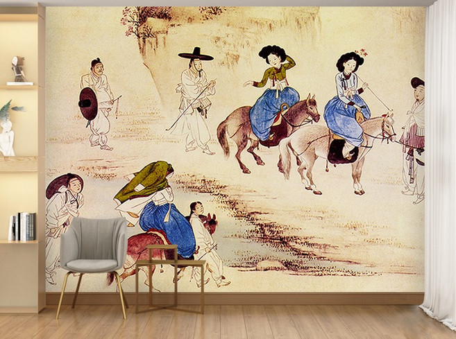 동양화 벽지 (신윤복) 연소답청 10PA0060 민화 한국 전통인테리어 3폭(주문 제작도 가능), 합지 2640x2400mm (130900원)