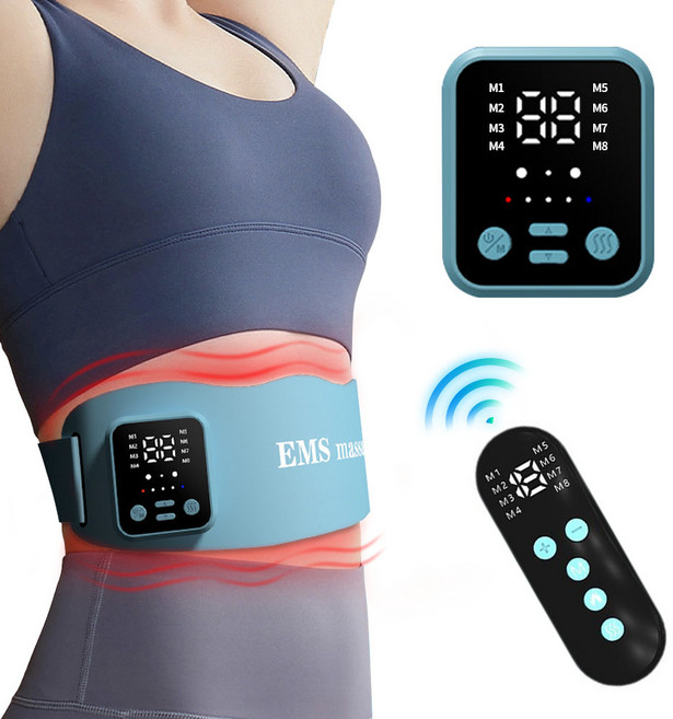 Garrl 저주파 복부 마사지기 EMS 트레이닝 마사지기 무선 온열 진동 복부 마사지기 리모컨 포함, 블루