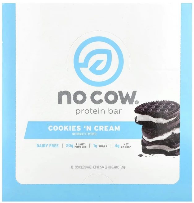 No Cow 프로틴바 쿠키 & 크림 바 12개 60g(2.12oz) 1팩, 1개 - 쿠팡
