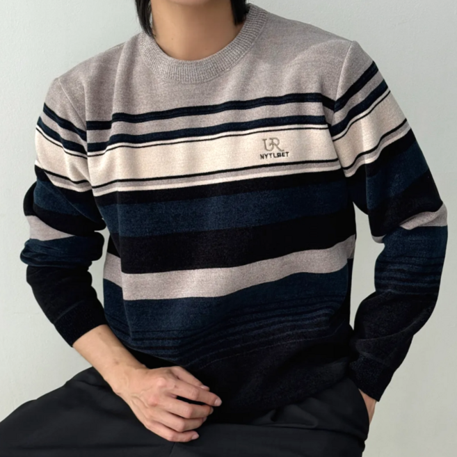 코엑티 남성 겨울 두꺼운 리치 벨벳 셰닐 라운드 스웨터