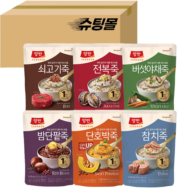 동원 양반죽 파우치 6종 420g 쇠고기죽+전복죽+버섯야채죽+밤단팥죽+단호박죽+참치죽