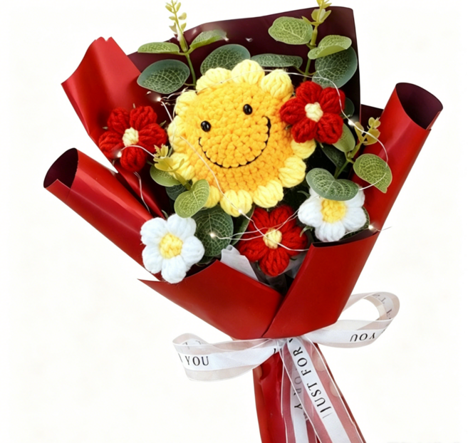 紅色笑臉向日葵手工編織花束, mxh076 - 紅色笑臉向日葵花束單花束, 1個