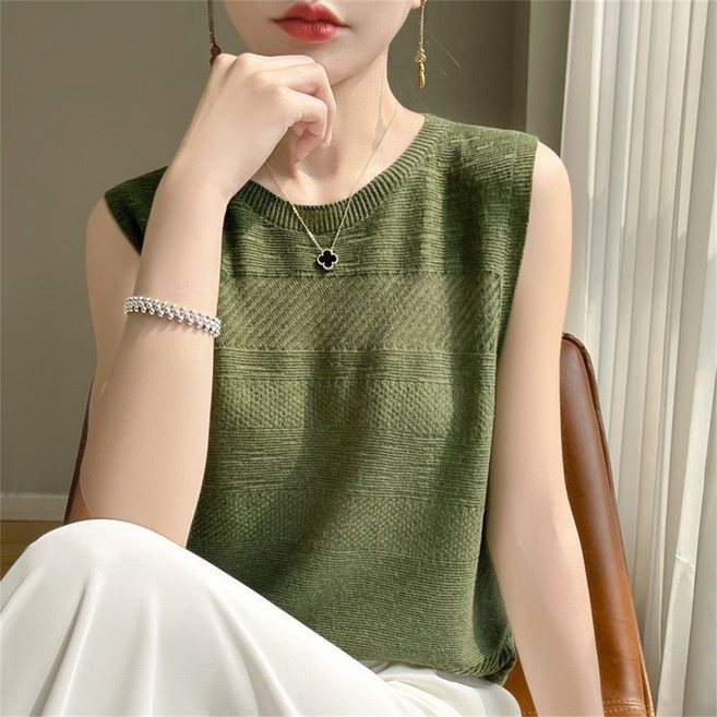 besteffie 여성용 봄여름 시즌 무지 민소매 니트 티셔츠 기본 캐주얼 스타일 라운드넥 K97