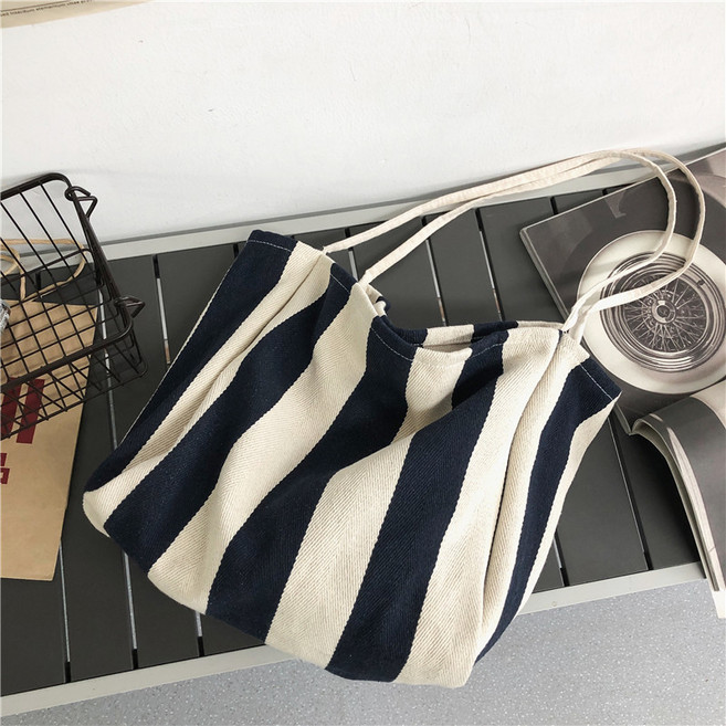 줄무늬 캔버스 여성 가방 간결한 문예 학생 숄더백 대용량 캔버스 손잡이 쇼핑백