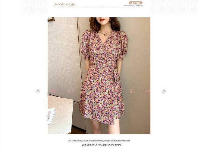 法式碎花深V領雪紡洋裝, 紫色, 黃色, 綠色, 淡紫色