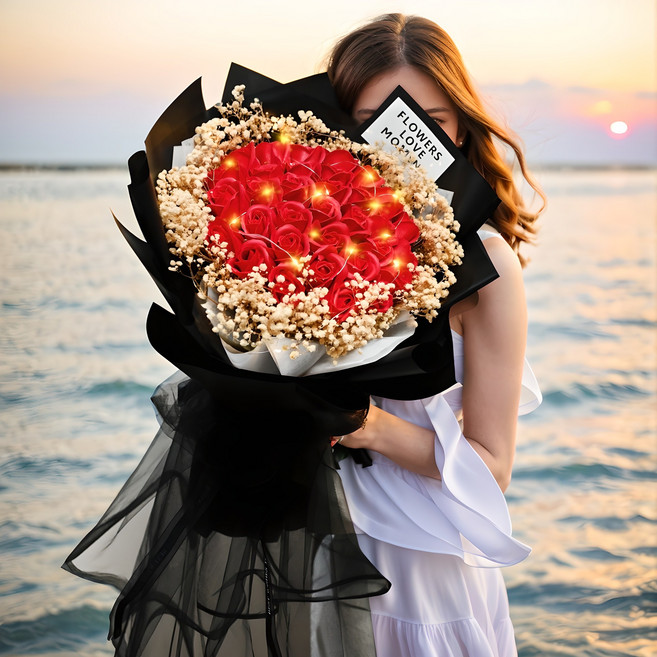 "다 잘될꺼야" 아르띠콜로 LED 장미 안개꽃 대형 꽃다발, 레드