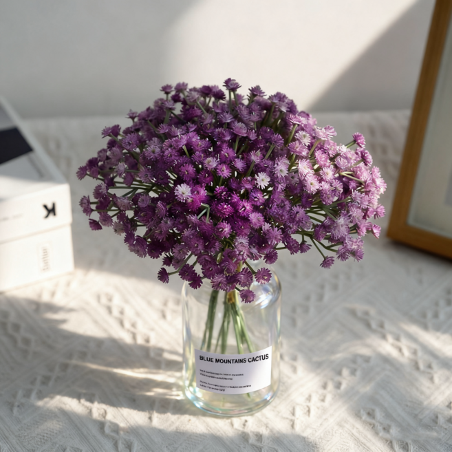 에이치엠데코 안개꽃 조화 4묶음+유리 화병 세트 인테리어 조화, 1개, 퍼플