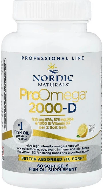 Nordic Naturals ProOmega® 2000-D 레몬 소프트젤 60정 Naturals (노르딕 내추럴스), 60개, 60회분 - 쿠팡