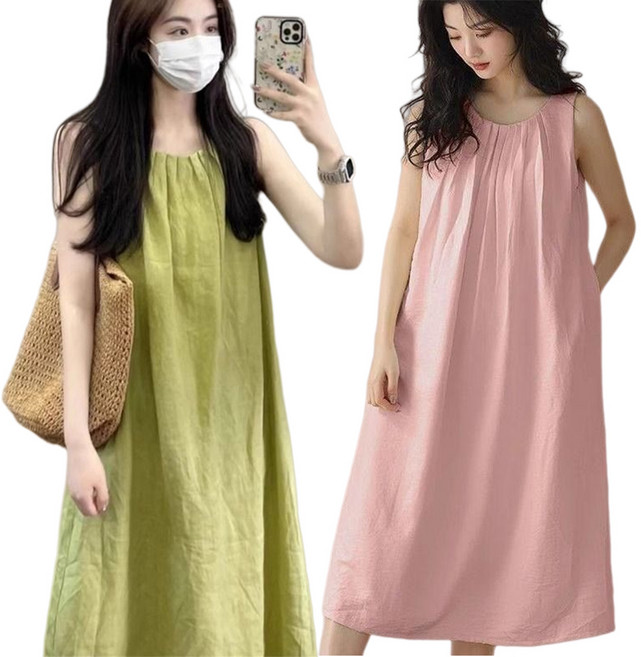 [1+1] [단품] 옵션선택 여성잠옷 잠옷원피스 홈웨어 파자마 실내복 여름잠옷 롱원피스 린넨 민소매 루즈핏 데일리 여름 캐주얼 빅사이즈원피스 DWW051104 17/34
