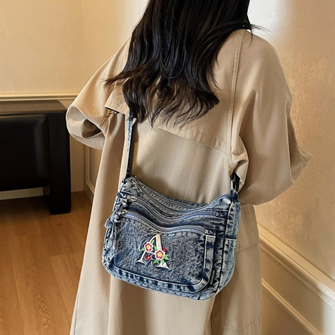 데님 가방 숄더백 크로스백 여성 캐주얼 A 자 자수 데일리 백