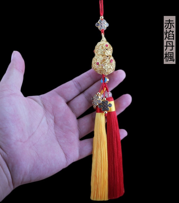 汽車掛件 復古鏤空葫蘆 雙流蘇裝飾吊飾, 鏤空葫蘆雙穗- 紅色