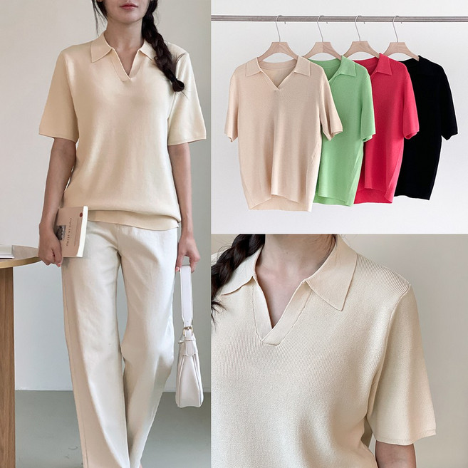 니트코어 여성 여름 부드러운 고퀄원단 모던 베이직 기본 오픈카라 반팔 니트 카라티 카라넥 니트티 반팔티 티셔츠