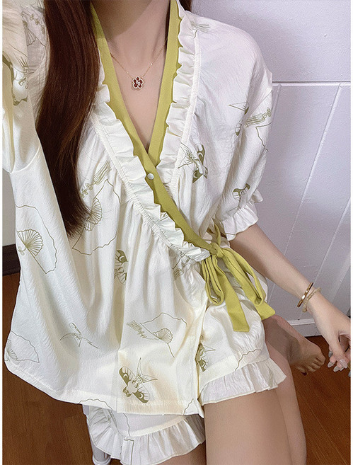 雲朵棉薄款睡衣女夏短袖和服繫帶田園碎花休閒家居服