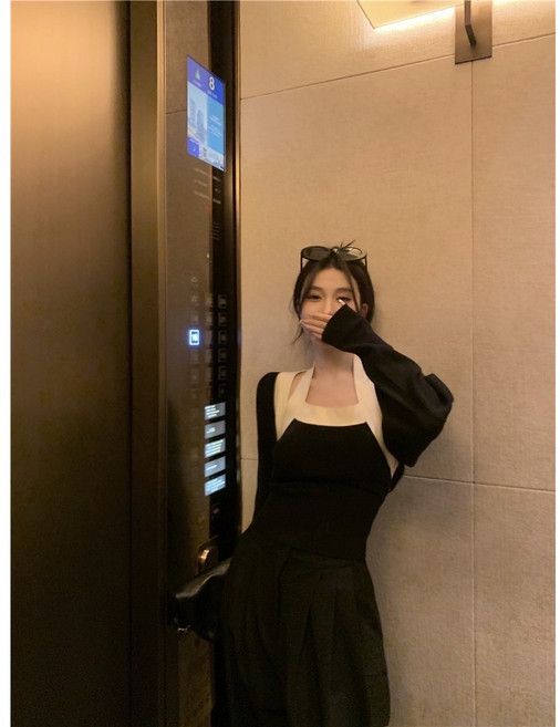 JinG 條紋掛脖背心 披肩罩衫 兩件式 套裝