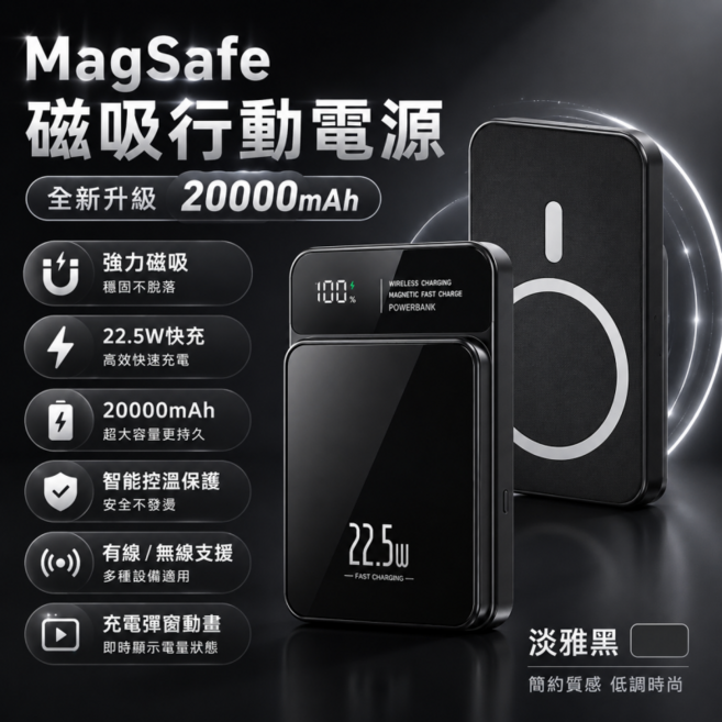 3C標示wh 無線充行動電源 20000mAh無線磁吸行動電源 MagSafe行動電源 22.5W快充, 黑色, 3C標識-登機無憂-22.5W快充