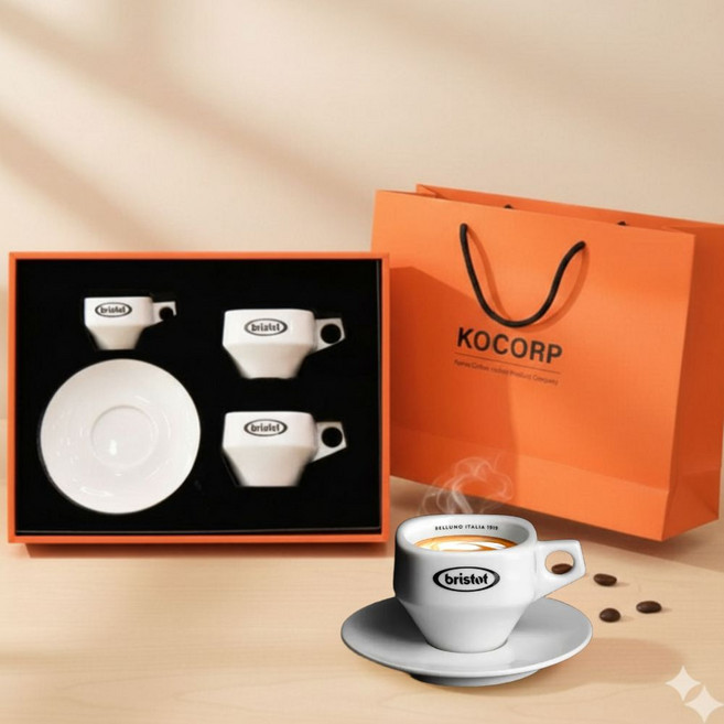 브리스토트 도자기 커피잔 세트 3P S 잔1개 L잔2개 접시3개 가정의달 어버이날 선물용 라떼 에스프레소잔 화이트 쇼핑백 포함, 흰색, 1세트