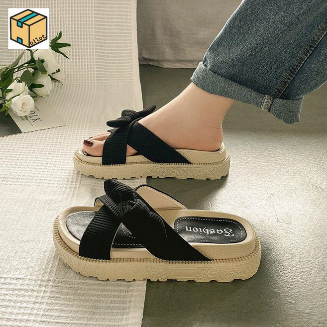 실내화 키높이 리본 푹신한 발편한 쿠션 여성 슬리퍼 통굽 사무실