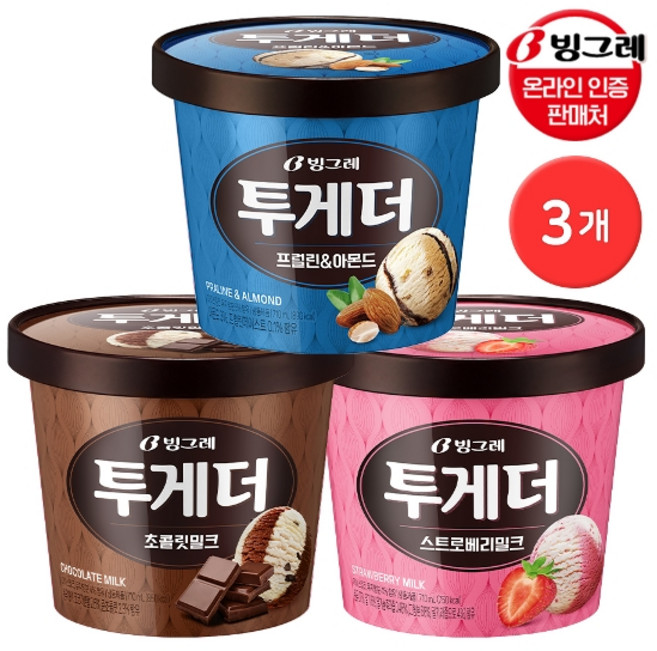 기타 빙그레 투게더 아이스크림 3개 / 프럴린 스트로베리 초콜릿, 710ml, 1세트