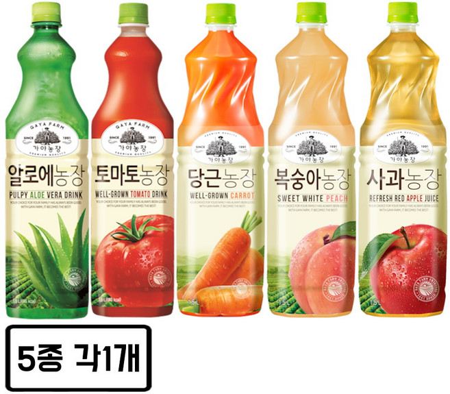 [한번에먹자쇼핑몰] 웅진 가야농장 과즙음료 5종 혼합세트 각 1개씩 / 토마토농장+알로에농장+당근농장+복숭아농장+사과농장 / 총5페트, 5개, 1.5L
