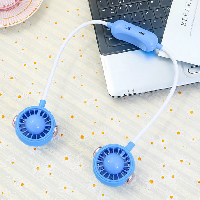 2025摺疊萬向管充電掛脖風扇 時尚宇航員夏季懶人旅行二檔小風扇, 如圖, 藍色掛脖風扇