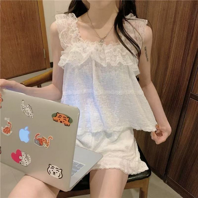 야오야오 여성용 레이스 프릴 나시 투피스 잠옷 세트