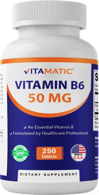 비타매틱 비타민 B6 (피리독신 HCl) 50 mg 250 베지테리언 정제, 성인남녀공용, 250회분, 1개 - 쿠팡