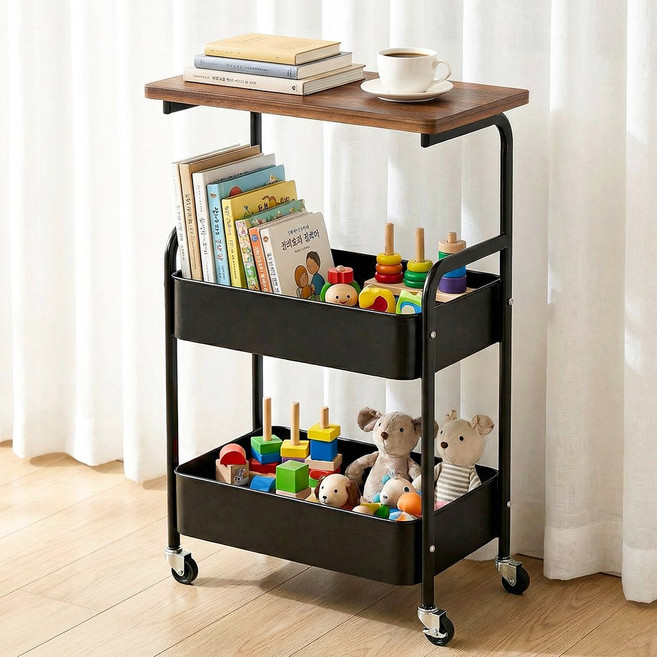 Gueray 이동식 철제 트롤리 회전 카트 튼튼한 수납 선반 바퀴달린 사이드 틈새 슬림 진열대 테이블 주방 세탁실, 블랙, 철재, 3단