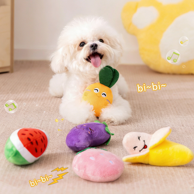 Norah 소리나는 강아지 인형 애착인형 강아지 장난감 5종 세트, 1개, 당근+바나나+가지+수박+딸기