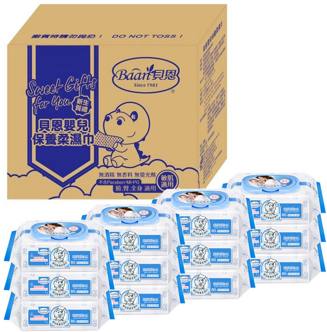 Baarn貝恩 嬰兒保養柔濕巾 80抽x12包, 12個, 80張, 1g