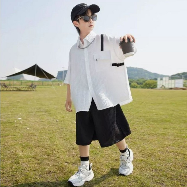 아이짱 여아 주니어 남아 시원한 여름 반팔 셔츠 반바지 상하복 세트