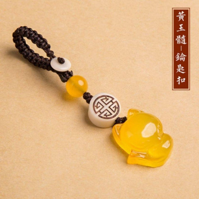 天然瑪瑙萌狐狸鑰匙掛招桃花車鑰匙掛墜女士包包精緻防丟古風掛墜 副廠商品, 1個, 咖繩+黃狐狸, 黃狐狸