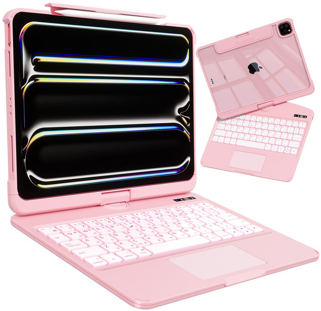 AITEWO 아이패드 매직키보드 케이스 펜슬 수납 360도회전 일체형 각도조절 투명 백라이트 터치패드 에어7/6/5/4/3/2/1세대 프로11/10.9/13/12.9인치, 핑크, 아이패드 프로 7세대 M4 13인치