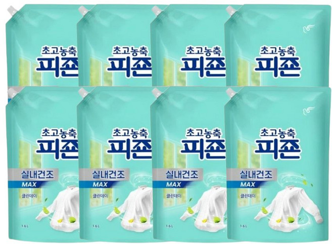 피죤 초고농축 실내건조 클린데이 섬유유연제 리필 1.6L, 8개