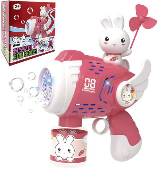 토이즈데이 바람개비 LED 불빛 자동 버블건 비눗방울 어린이 단체 장난감 선물, 핑크토끼 버블건, 1개