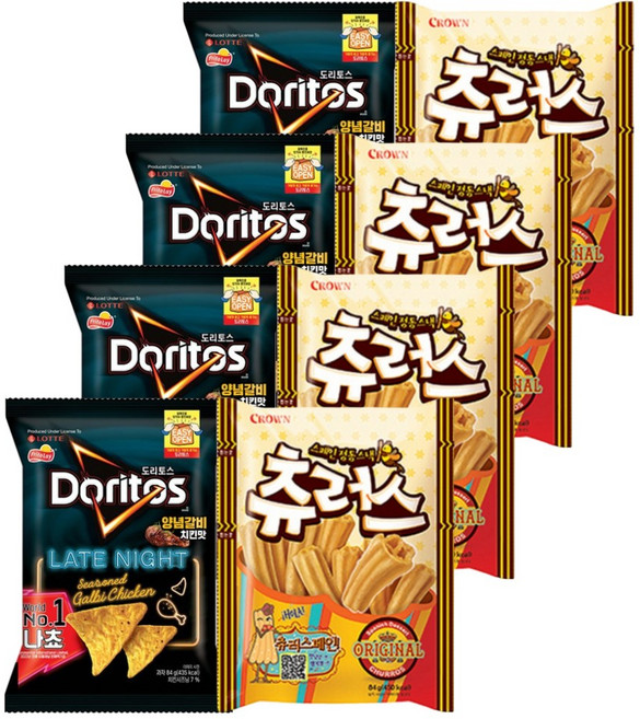 롯데 크라운 도리토스 양념갈비치킨 84gx4P+츄러스 84gx4P (총8P) 과자세트, 1세트, 672g