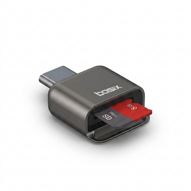 베이식스 C타입 micro SD카드리더기 메탈바디 아이폰 갤럭시 노트북 호환 블랙박스리더기 + 열쇠고리, 1개, TF메모리 리더기