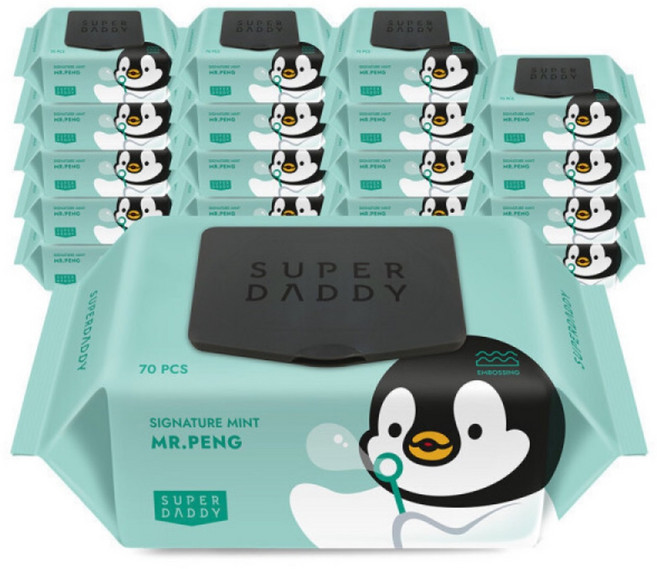 슈퍼대디 시그니처 미스터펭 민트 아기물티슈 캡형 70평량, 40개, 70매