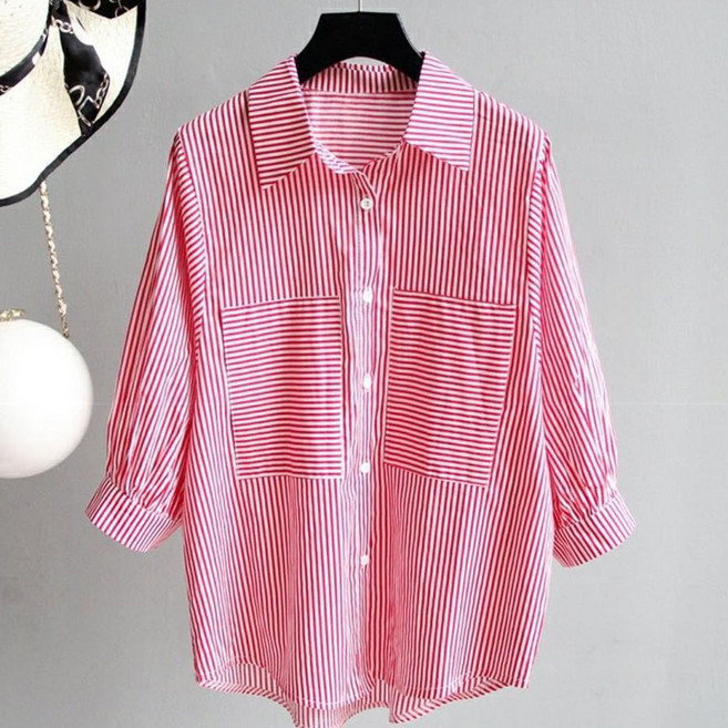 여성용 데일리 빅사이즈 스트라이프 자외선 차단 남방 루즈핏 7부소매 셔츠