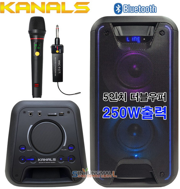 엔터그레인 카날스 BSA-580 충전식 이동형 250W 블루투스 앰프 스피커 Party Box 무선마이크포함