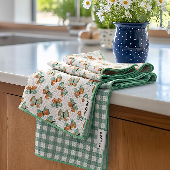RECYCO 리시코 와플 키친타월 스웨덴 행주 티타월 키친크로스 버터플라이, Butterfly Gingham 1