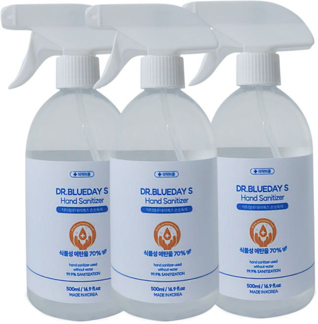 닥터블루데이에스 뿌리는 손소독제 알콜 스프레이 대용량 hand sanitizer 500ml, 3개, 500g
