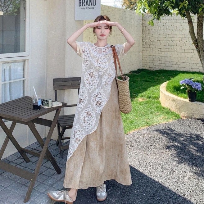 法式氣質蕾絲罩衫吊帶洋裝兩件式套裝女