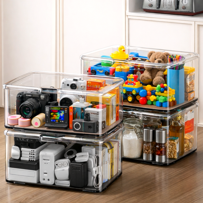 하이호프 먼지가 안쌓이는 뚜껑있는 다용도 수납 정리함, 2개, 투명