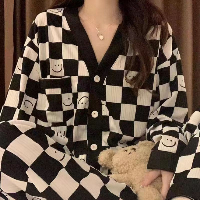 仿棉開衫V領家居服 甜美少女寬鬆日系可愛卡通睡衣