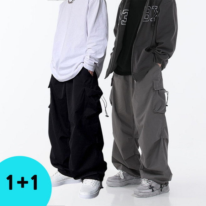 BIKASU 남자 데일리 밴딩 카고 바지 빅사이즈 와이드 조거 팬츠 1+1